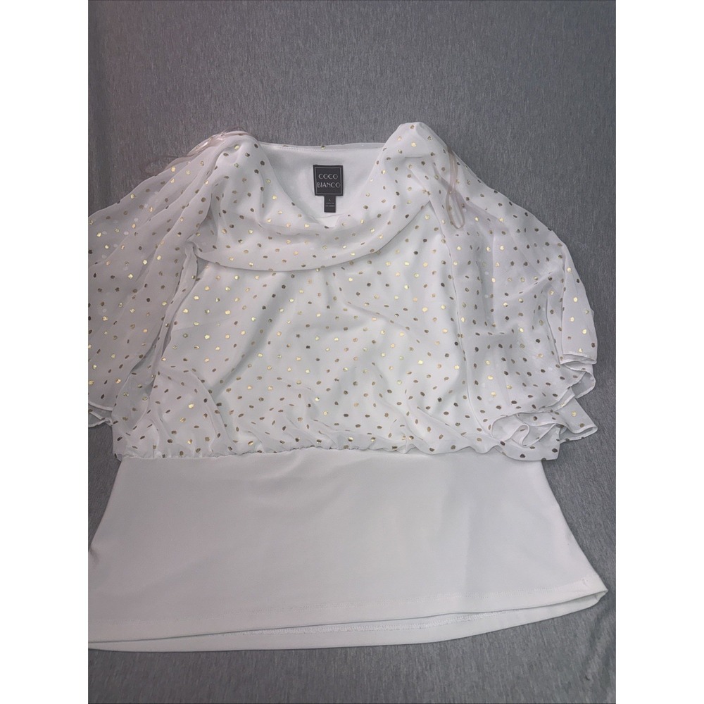 Coco Bianco Women's Large White Gold Polka Dot Chiffon Cowl Neck Blouse L